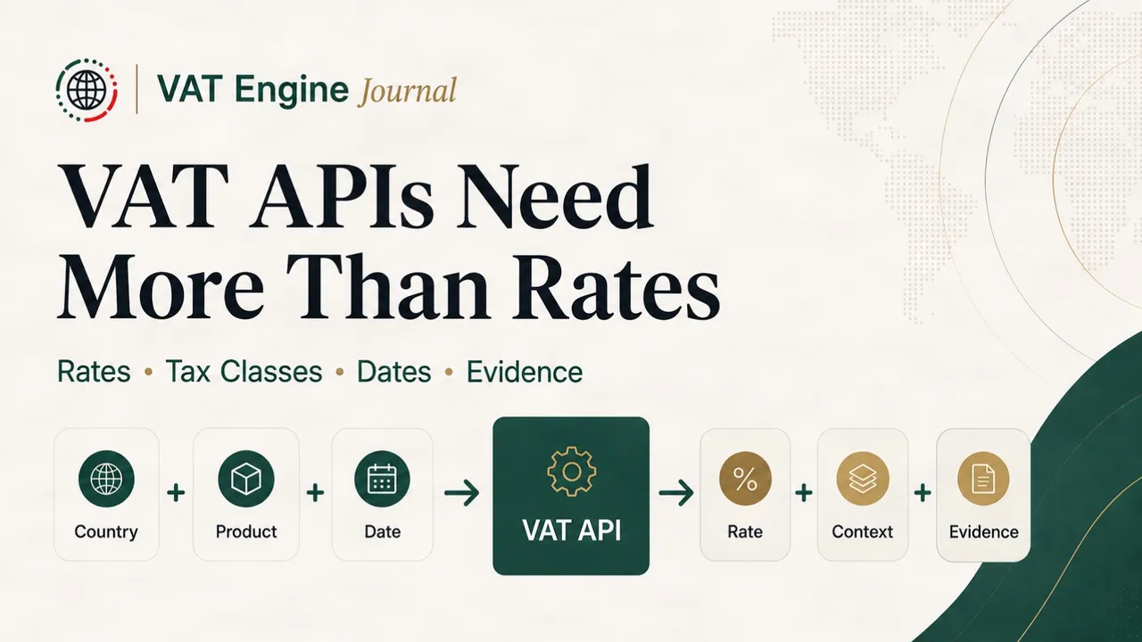 VAT Engine Journal cover illustrating how country, product, and transaction date feed into a VAT API to produce rate, context, and evidence.