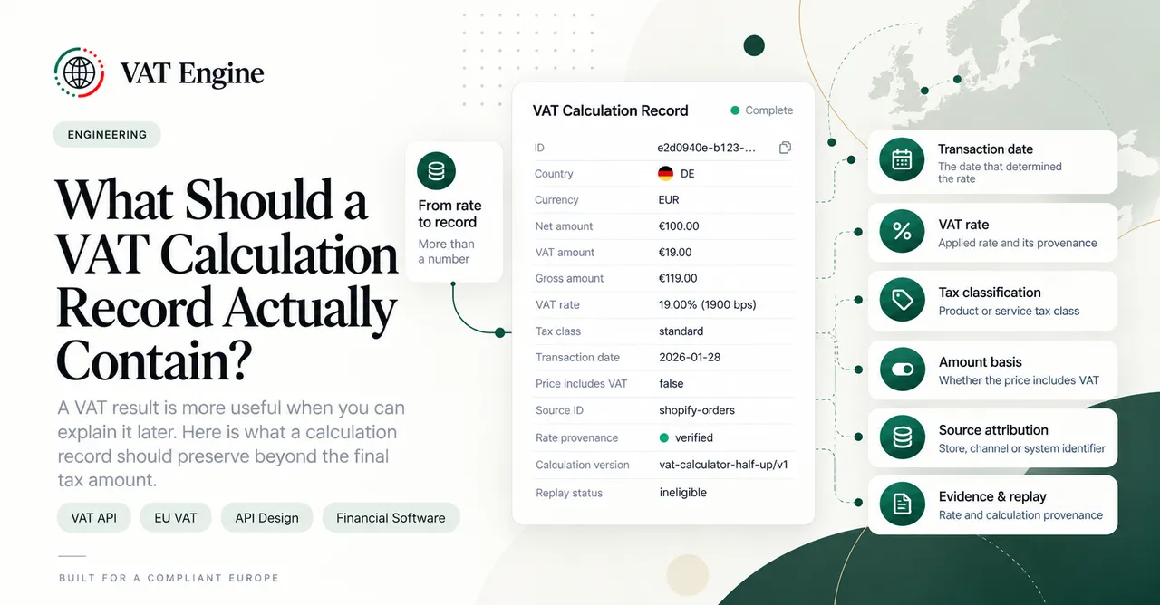VAT Engine blog cover illustrating the fields that make a VAT calculation record explainable, including amounts, rate, date, source, and provenance.