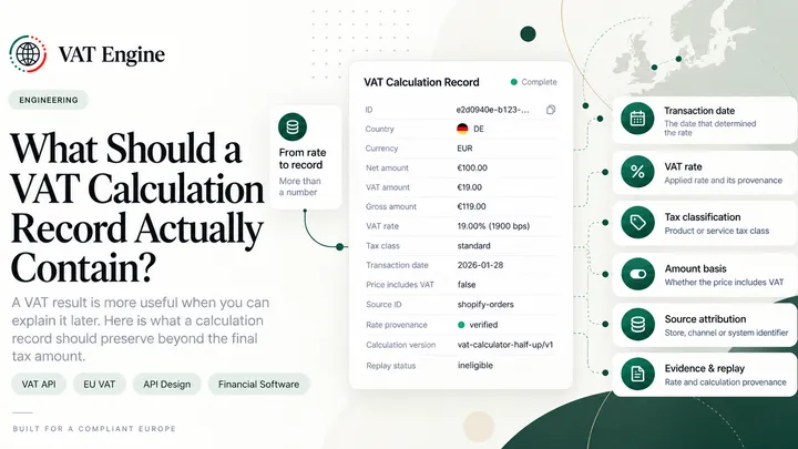 VAT Engine blog cover illustrating the fields that make a VAT calculation record explainable, including amounts, rate, date, source, and provenance.