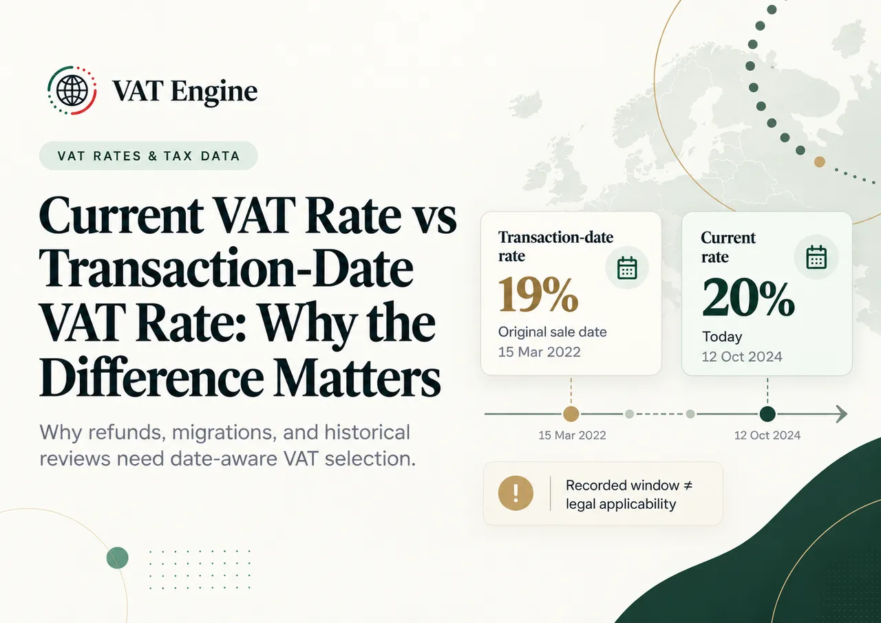 VAT Engine blog cover comparing today's VAT rate with the rate selected for an original transaction date.